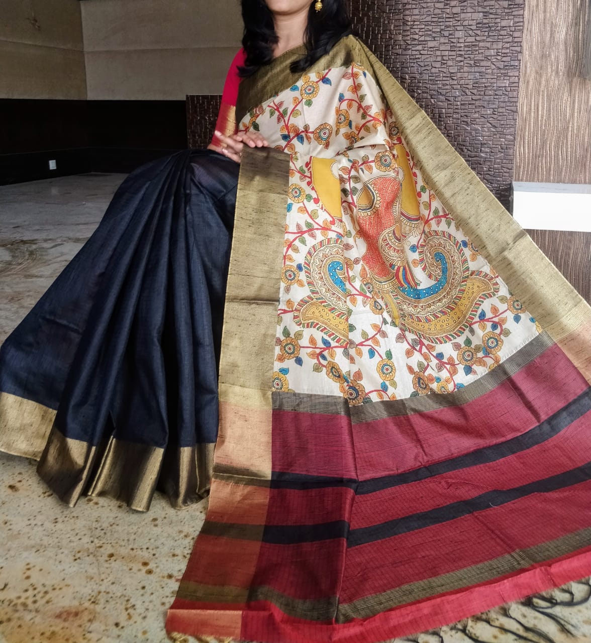 Blue Beige Kalamkari Tussar Silk Sarees
