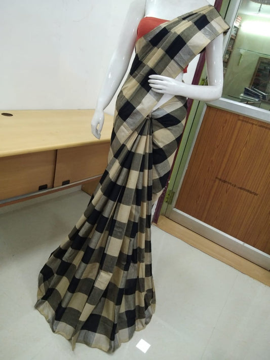 Black Beige Pure Linen Sarees - Dailybuyys