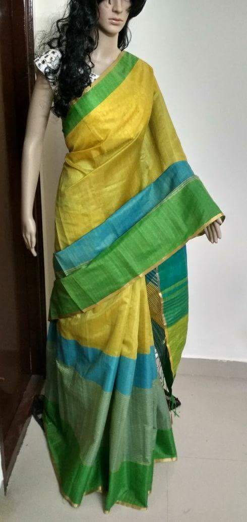 Green Yellow Raw Silk Sarees - Dailybuyys