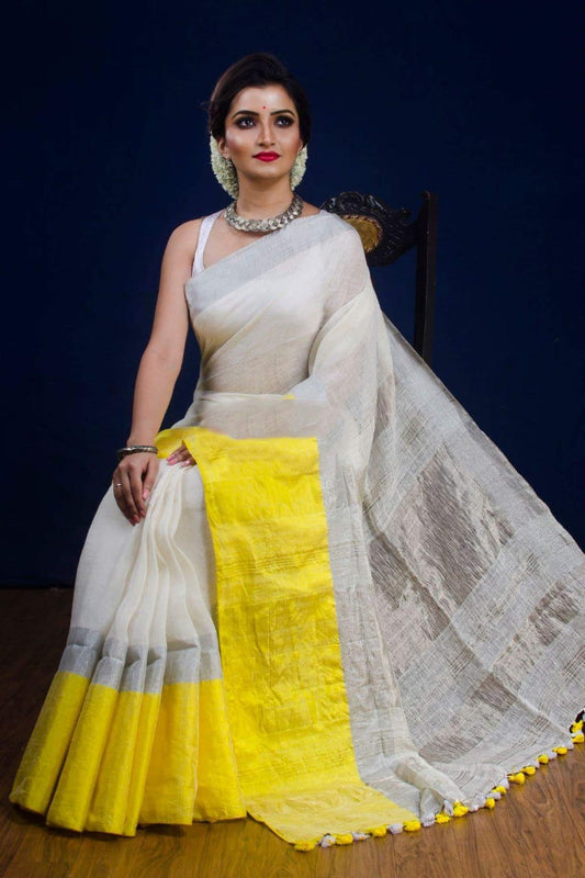 Yellow Beige 100 Count Pure Linen Sarees - Dailybuyys