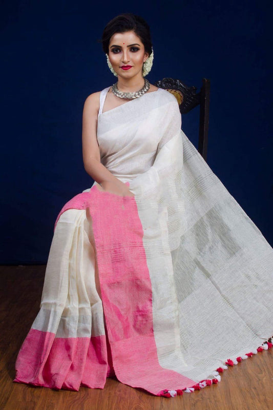 Pink Beige 100 Count Pure Linen Sarees - Dailybuyys