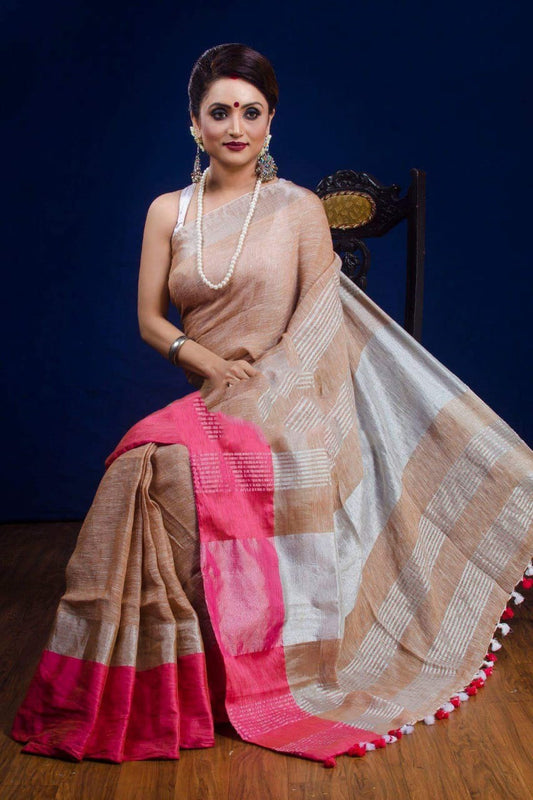 Pink Beige 100 Count Pure Linen Sarees - Dailybuyys