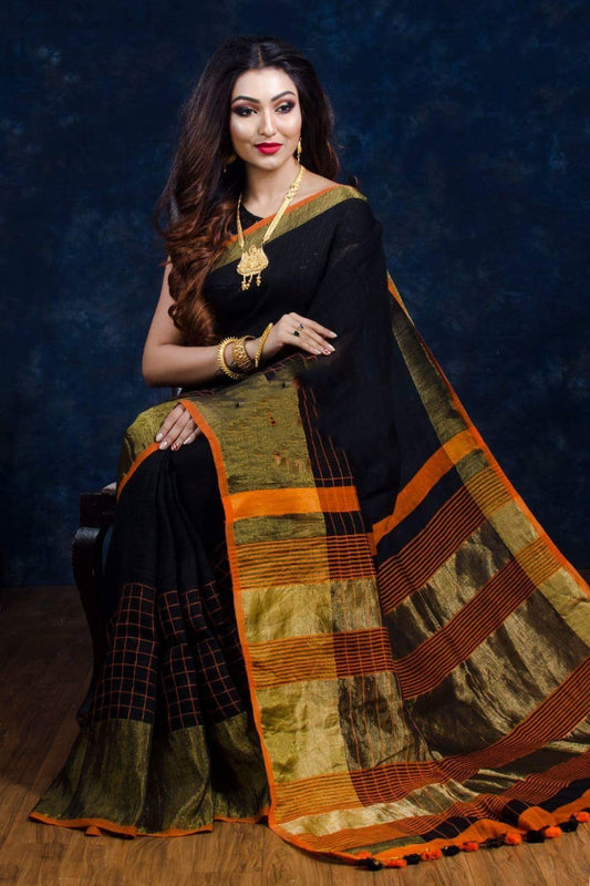 Black Orange 100 Count Pure Linen Sarees - Dailybuyys