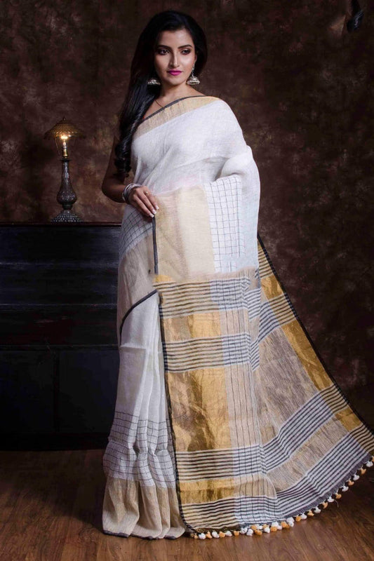 White 100 Count Pure Linen Sarees - Dailybuyys
