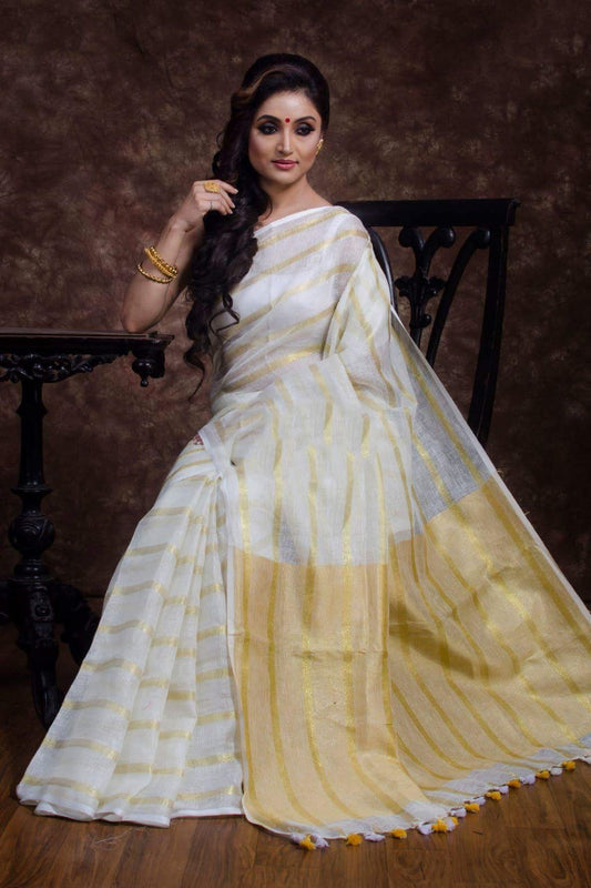 Yellow Beige 100 Count Pure Linen Sarees - Dailybuyys