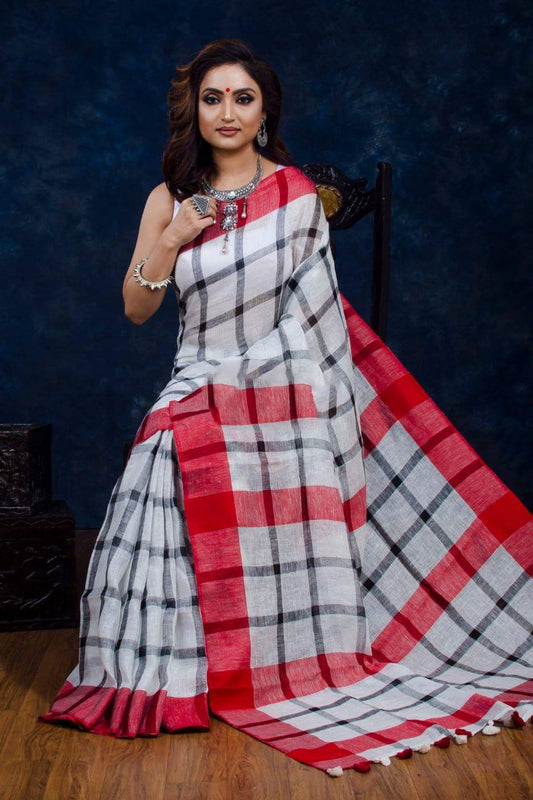 Red White 100 Count Pure Linen Sarees - Dailybuyys