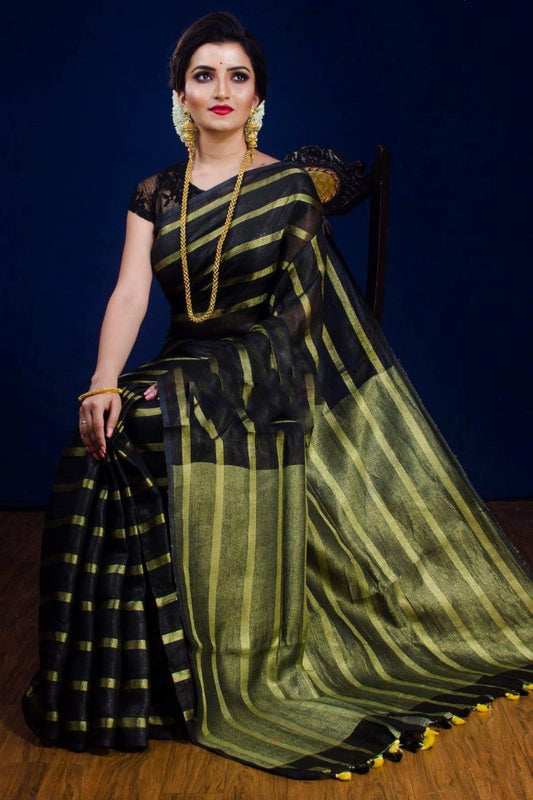 Black Green 100 Count Pure Linen Sarees - Dailybuyys