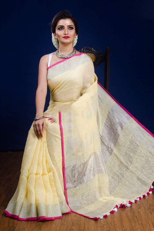 Yellow 100 Count Pure Linen Sarees - Dailybuyys