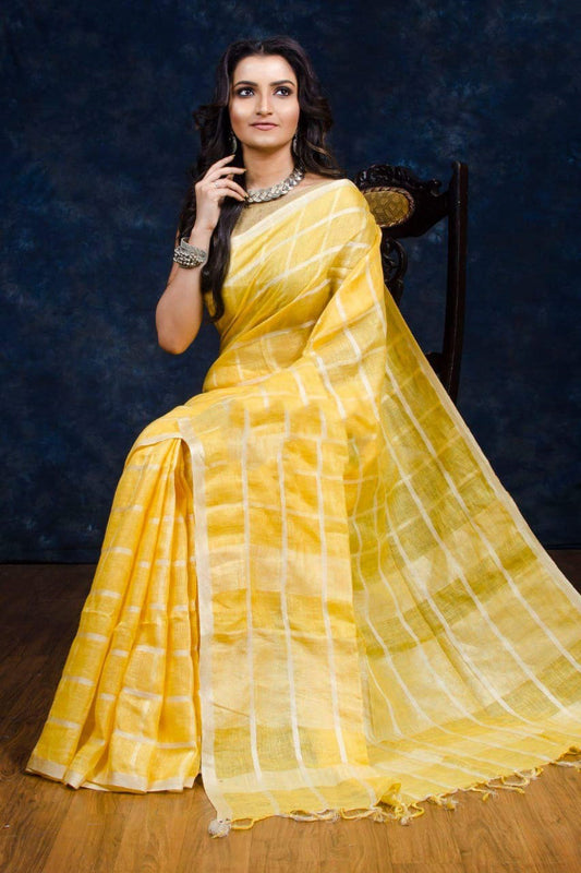 Yellow 100 Count Pure Linen Sarees - Dailybuyys