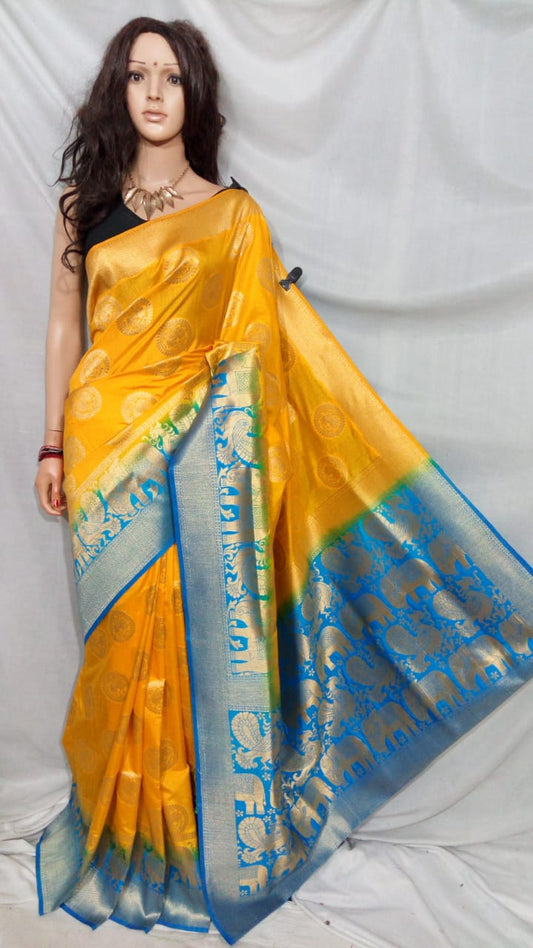 Yellow Blue Pure Silk Sarees - Dailybuyys
