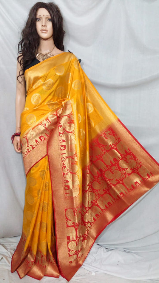 Yellow Red Pure Silk Sarees - Dailybuyys