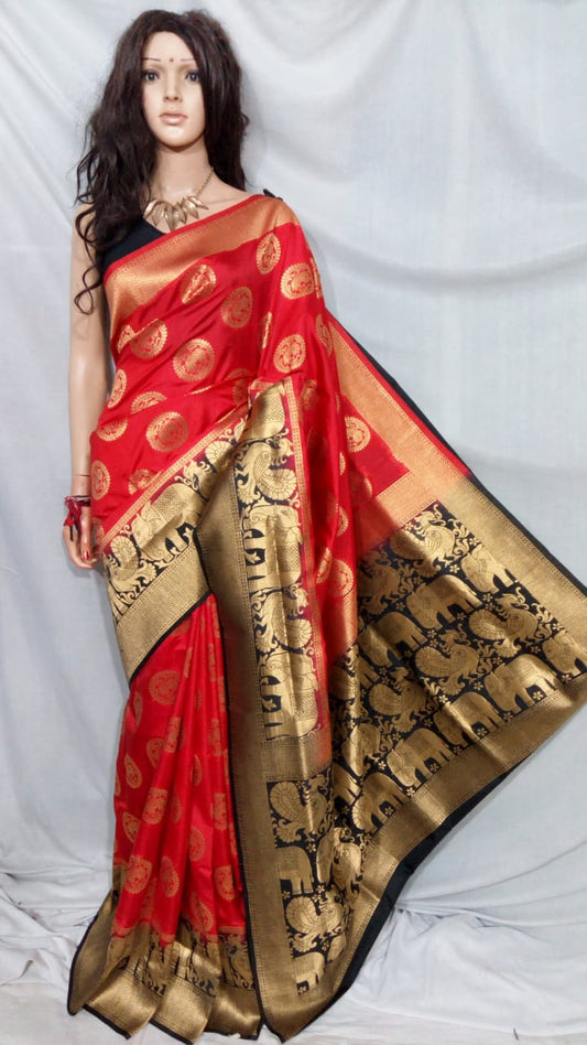 Red Black Pure Silk Sarees - Dailybuyys