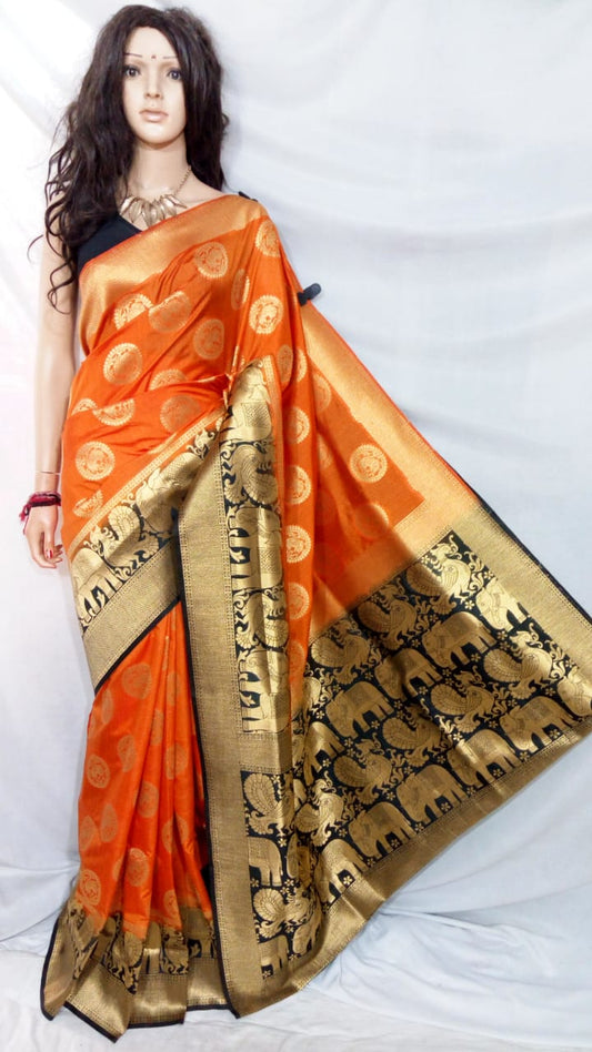 Orange Black Pure Silk Sarees - Dailybuyys