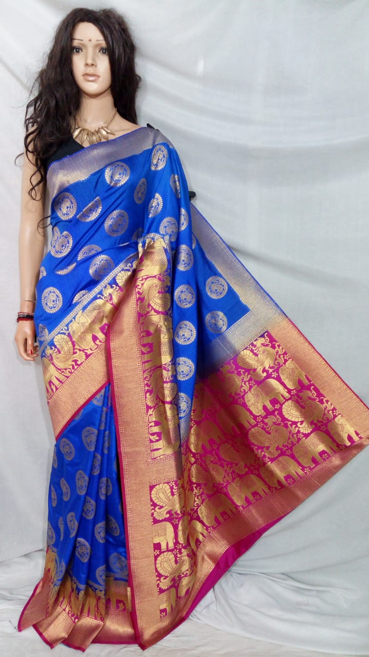 Blue Red Pure Silk Sarees - Dailybuyys