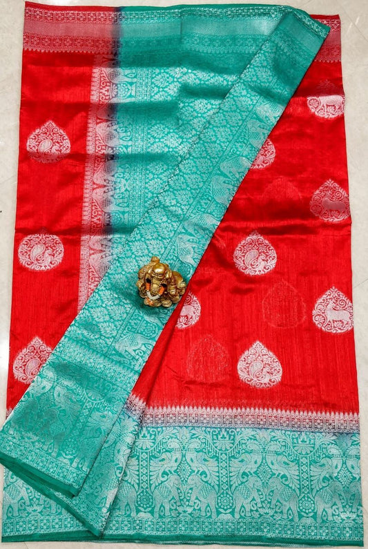 Red Green Dupion Silk Sarees - Dailybuyys