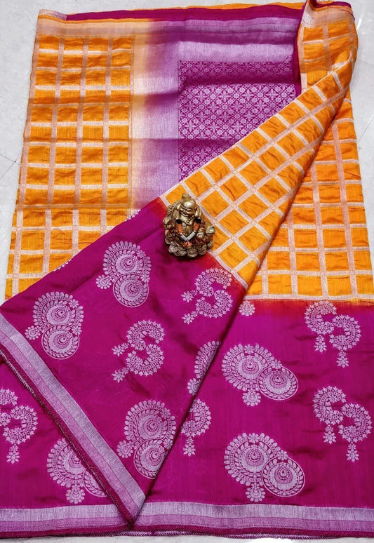 Yellow Purple Dupion Silk Sarees - Dailybuyys