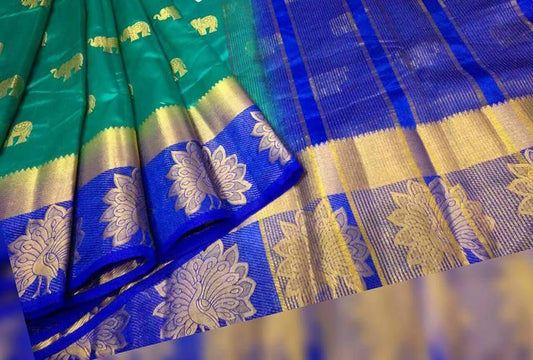 Green Blue Block Printed Pure Silk Mark Certified Tussar Silk Sarees - Dailybuyys