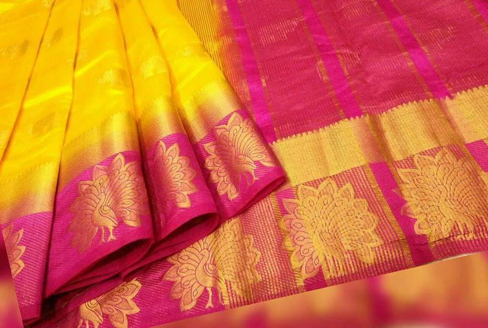 Yellow Purple Block Printed Pure Silk Mark Certified Tussar Silk Sarees