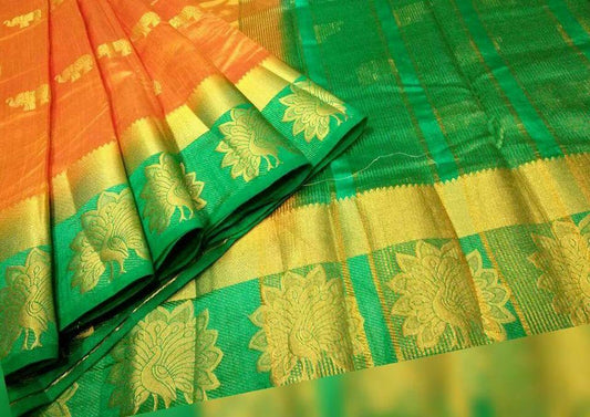 Orange Green Block Printed Pure Silk Mark Certified Tussar Silk Sarees - Dailybuyys