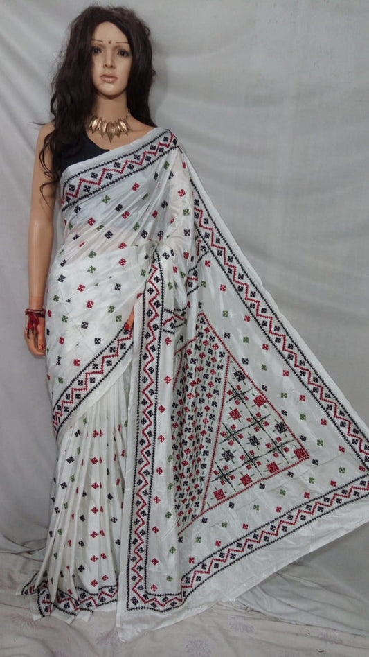 White Dupion Silk Sarees - Dailybuyys