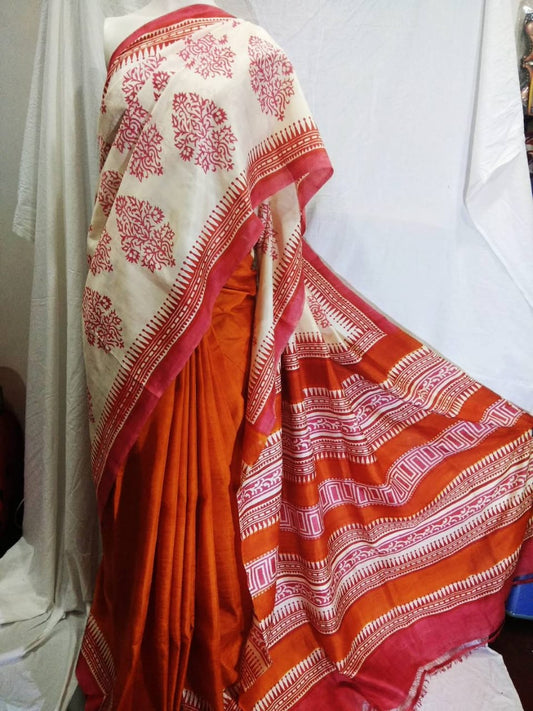 Orange Glamour Block Printed  Zari Border Pure Silk Mark Certified Tussar Silk Sarees - Dailybuyys