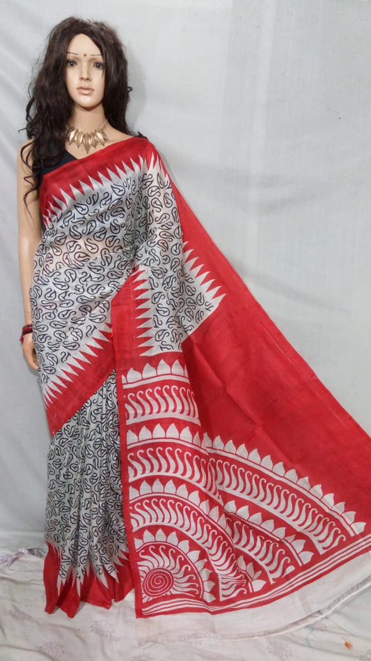 Beige Red Pure Silk Mark Certified Murshidabad Silk Sarees - Dailybuyys