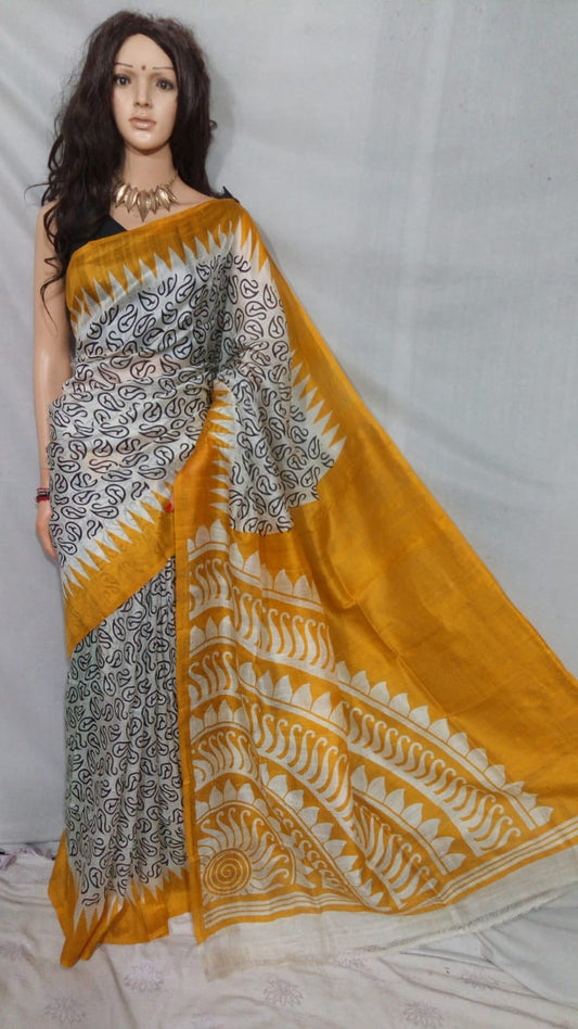 Beige Yellow Pure Silk Mark Certified Murshidabad Silk Sarees - Dailybuyys