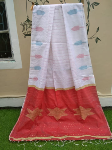 White Red Pure Cotton Handloom Sarees