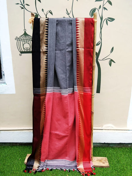 Grey Red Pure Cotton Handloom Sarees