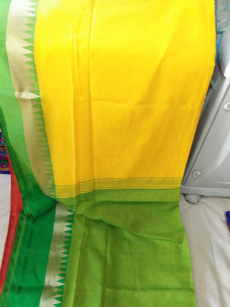 Yellow Green Pure Cotton Handloom Sarees