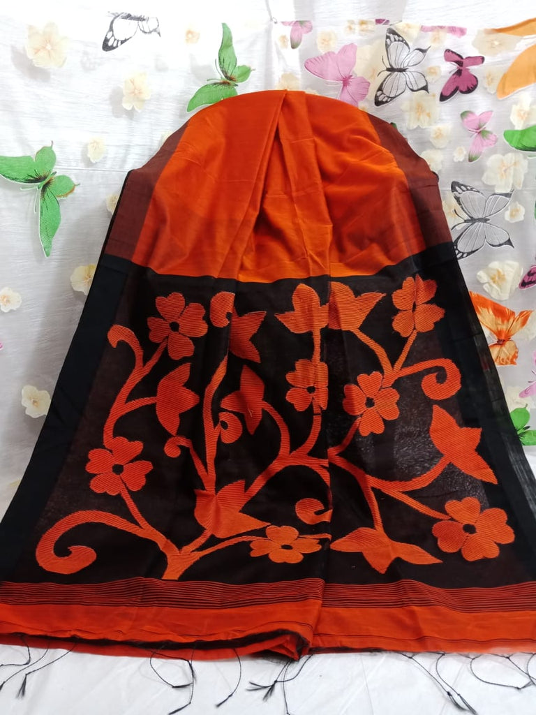 Orange Black Pure Cotton Silk Sarees