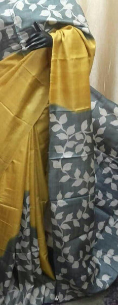 Yellow Grey Pure KK Block Printed Silk Mark Certified Bishnupuri Silk Sarees