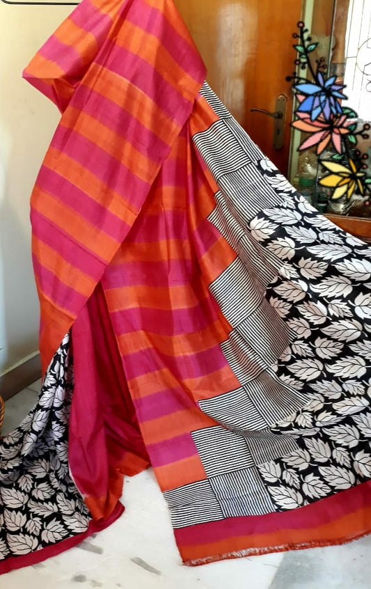 Orange Rani Pure KK Block Printed Silk Mark Certified Bishnupuri Silk Sarees - Dailybuyys