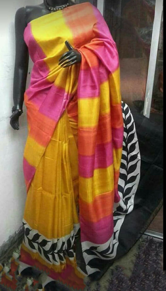 Yellow Pure KK Block Printed Silk Mark Certified Bishnupuri Silk Sarees - Dailybuyys