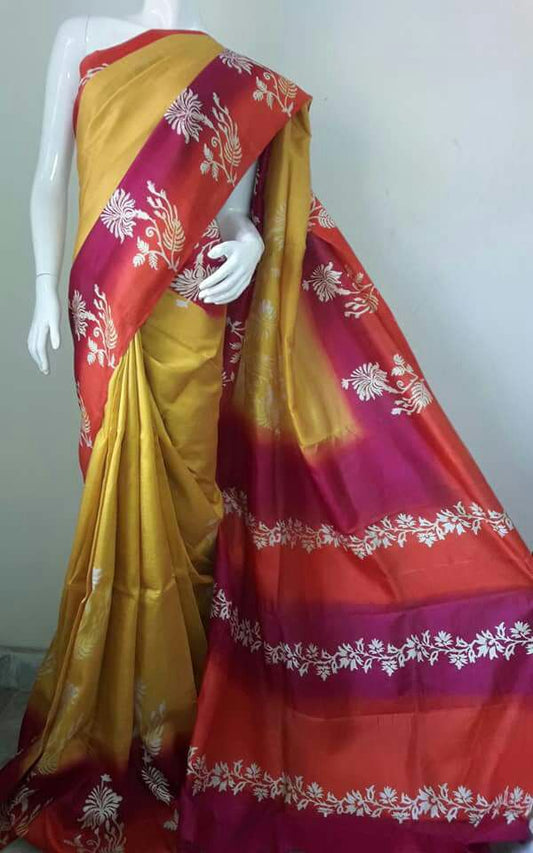 Yellow Pure KK Block Printed Silk Mark Certified Bishnupuri Silk Sarees - Dailybuyys