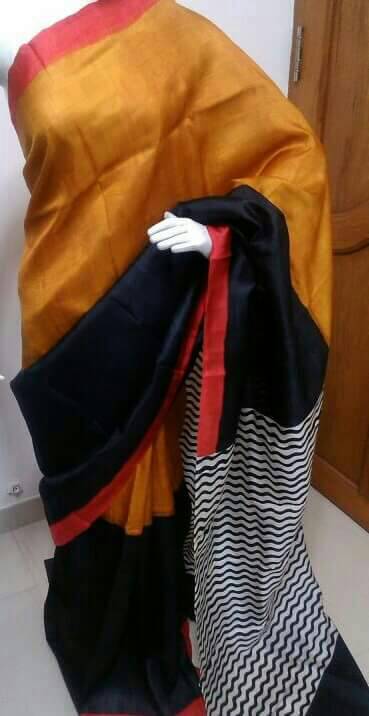 Yellow Black Pure KK Block Printed Silk Mark Certified Bishnupuri Silk Sarees - Dailybuyys