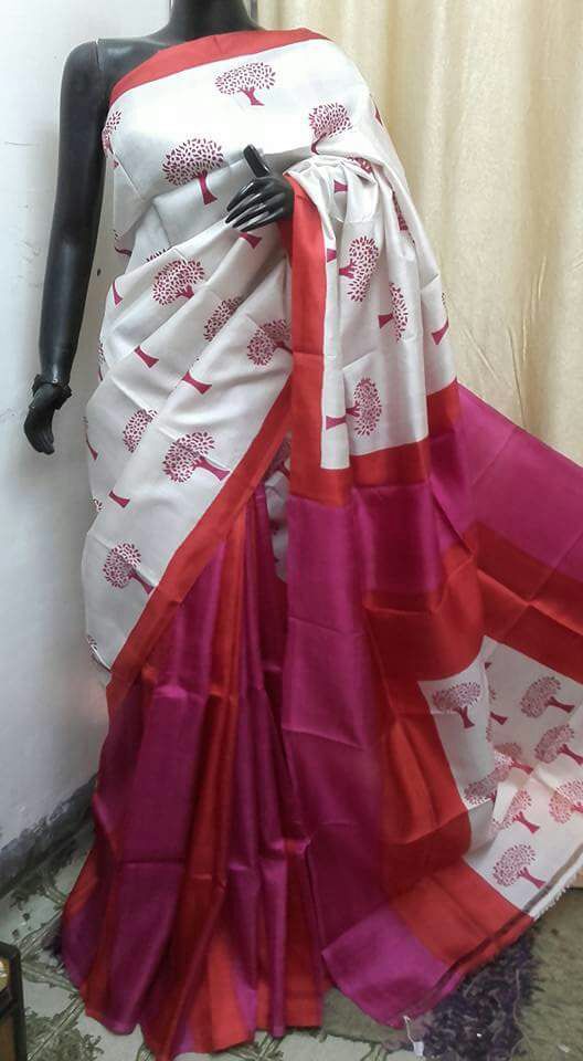 Purple White Block Printed Pure Silk Mark Certified Bishnupuri Silk Sarees - Dailybuyys