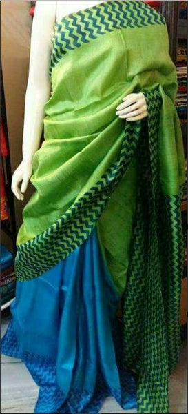 Green Blue Pure KK Block Printed Silk Mark Certified Bishnupuri Silk Sarees