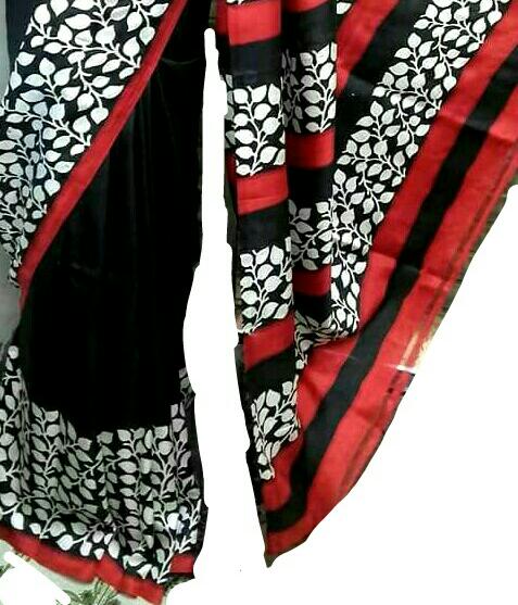 Black Red Block Printed Pure KK Silk Mark Certified Bishnupuri Silk Sarees - Dailybuyys