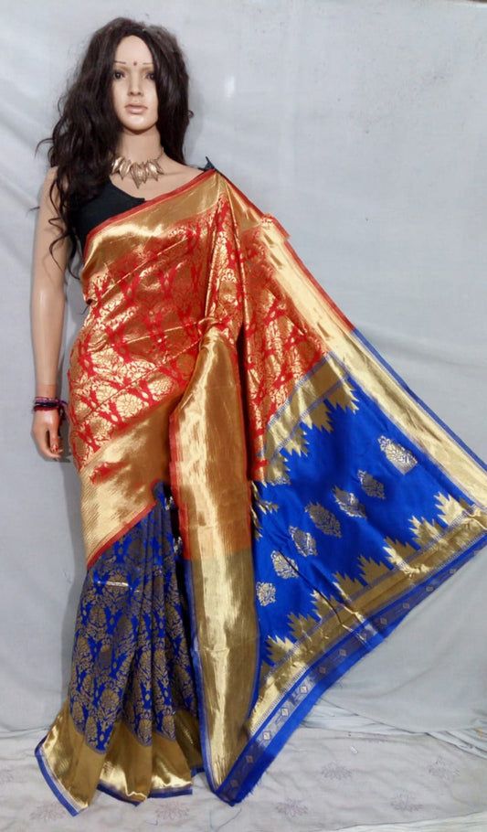 Red Blue Pure Cotton Silk Sarees - Dailybuyys