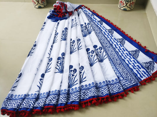 White Blue Bagru Printed Pure Cotton Sarees - Dailybuyys