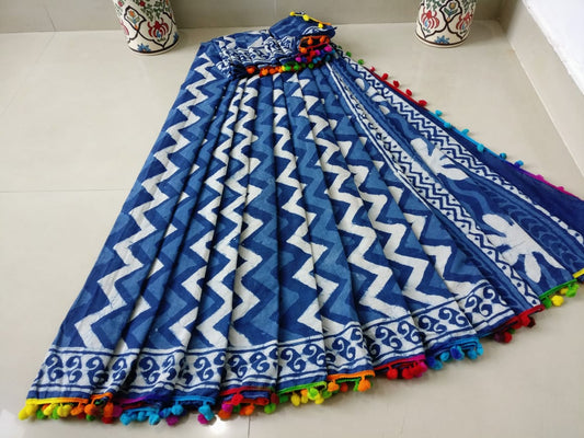 Blue Bagru Printed Pure Cotton Sarees - Dailybuyys