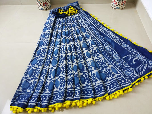 Blue Bagru Printed Pure Cotton Sarees - Dailybuyys
