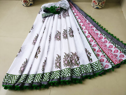 White Bagru Printed Pure Cotton Sarees - Dailybuyys
