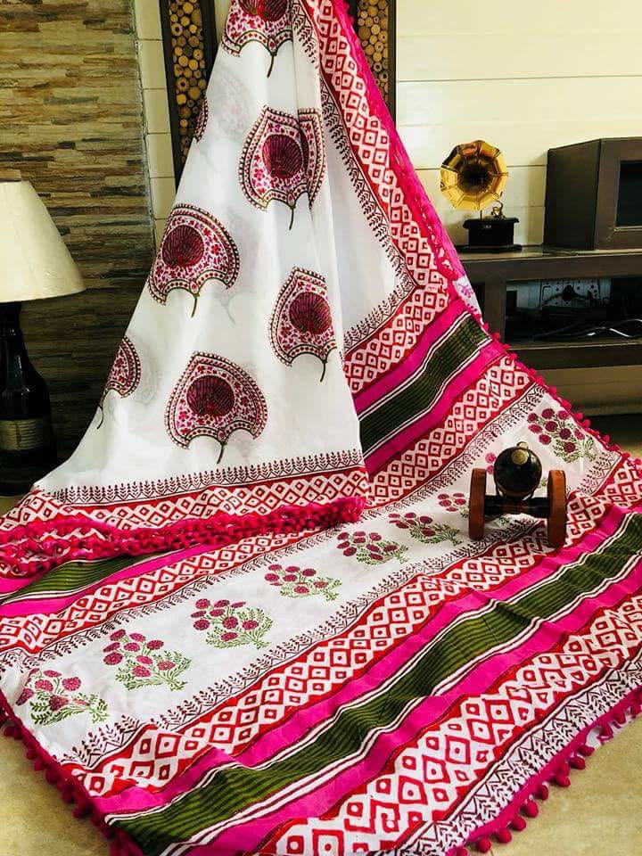 Pink White Bagru Printed Pure Cotton Sarees