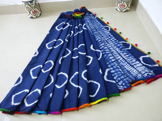 Blue Bagru Printed Pure Cotton Sarees - Dailybuyys