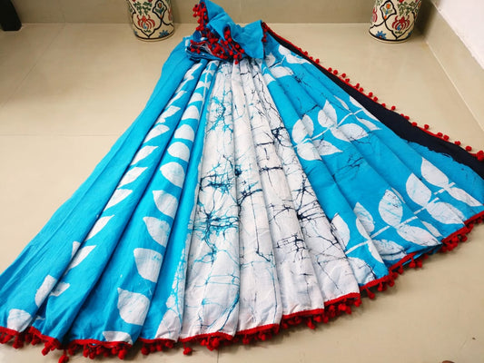 Blue Bagru Printed Pure Cotton Sarees - Dailybuyys