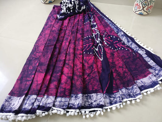 Purple Black Bagru Printed Pure Cotton Sarees - Dailybuyys