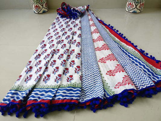 White Bagru Printed Pure Cotton Sarees - Dailybuyys