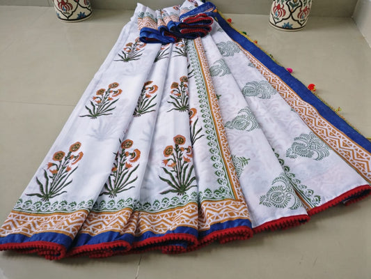 White Bagru Printed Pure Cotton Sarees - Dailybuyys